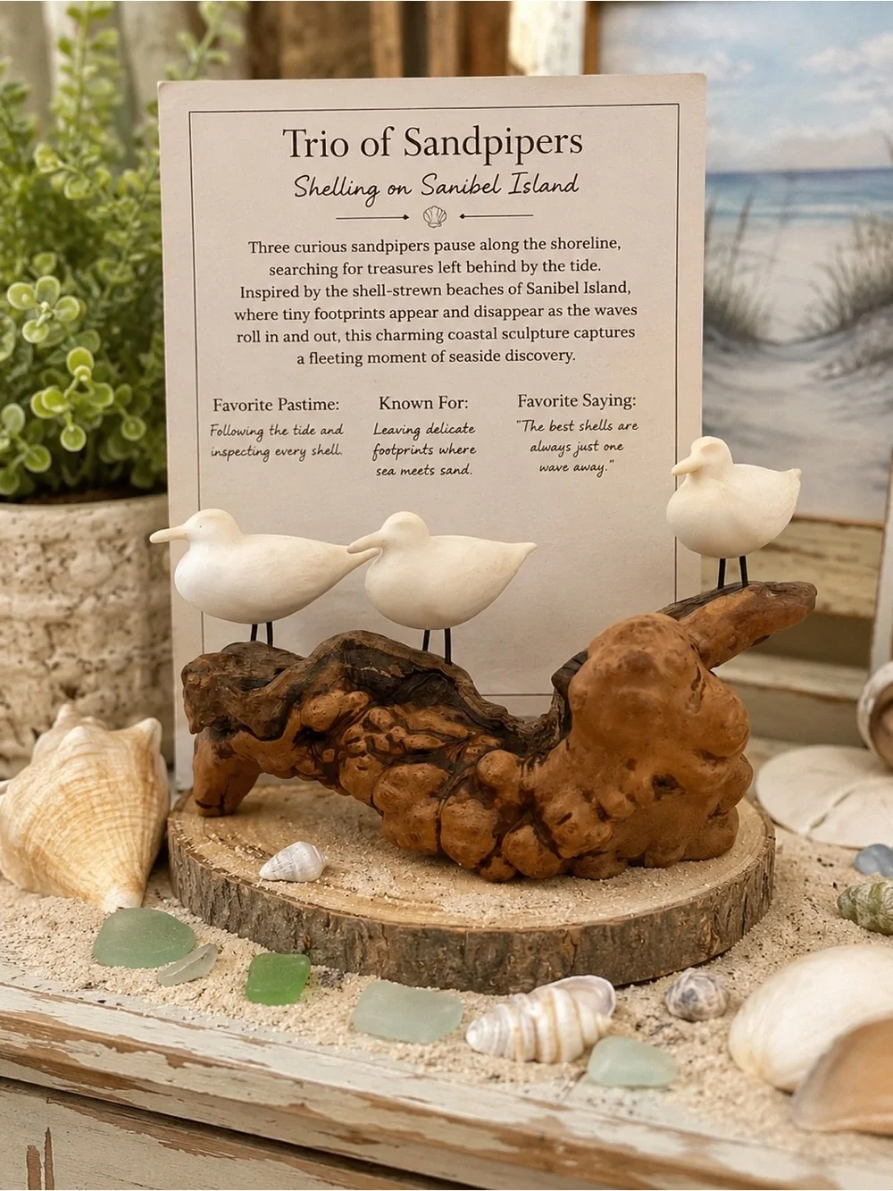 Coastal Sandpiper Trio Decorative Sculpture - White Sandpipers on Driftwood - Picture 1 of 8